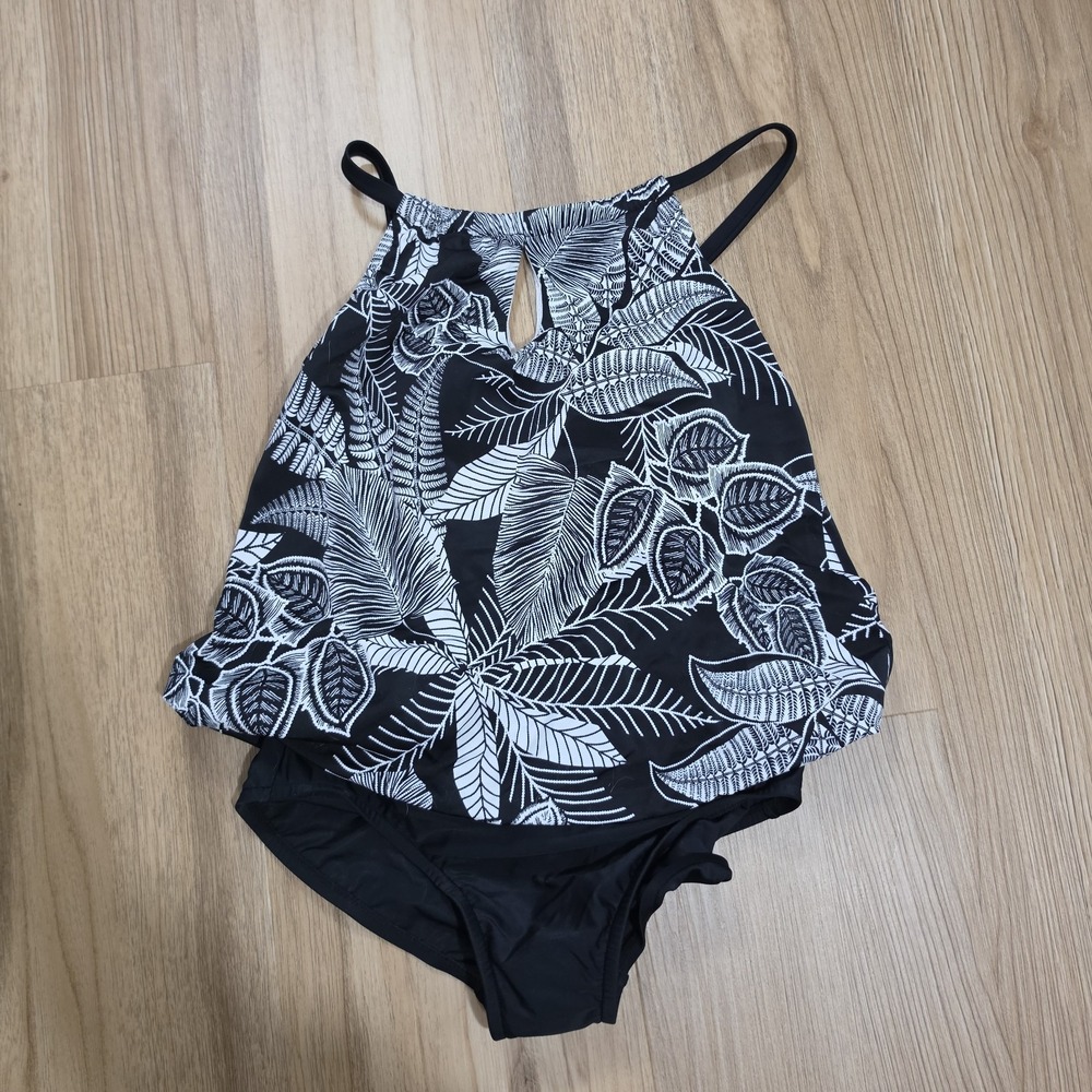 Maxine Of‎ Hollywood Tankini Swimsuit Black White Leaf Print Size 6